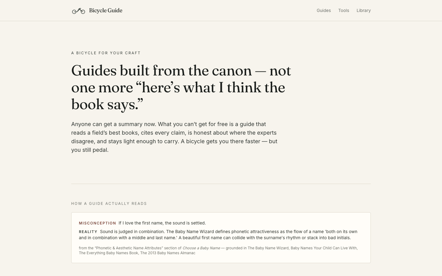 Bicycle Guide landing — grounded how-to guides built from a field's actual canon.