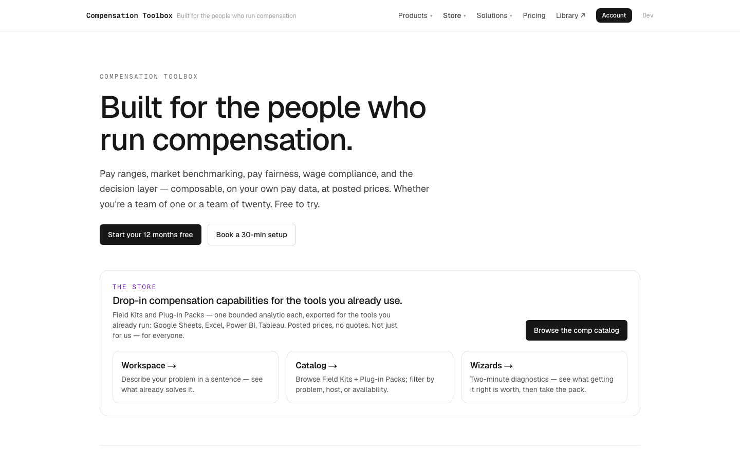 Compensation Toolbox landing — run compensation without a comp team; drop-in comp capabilities for the tools you already use.