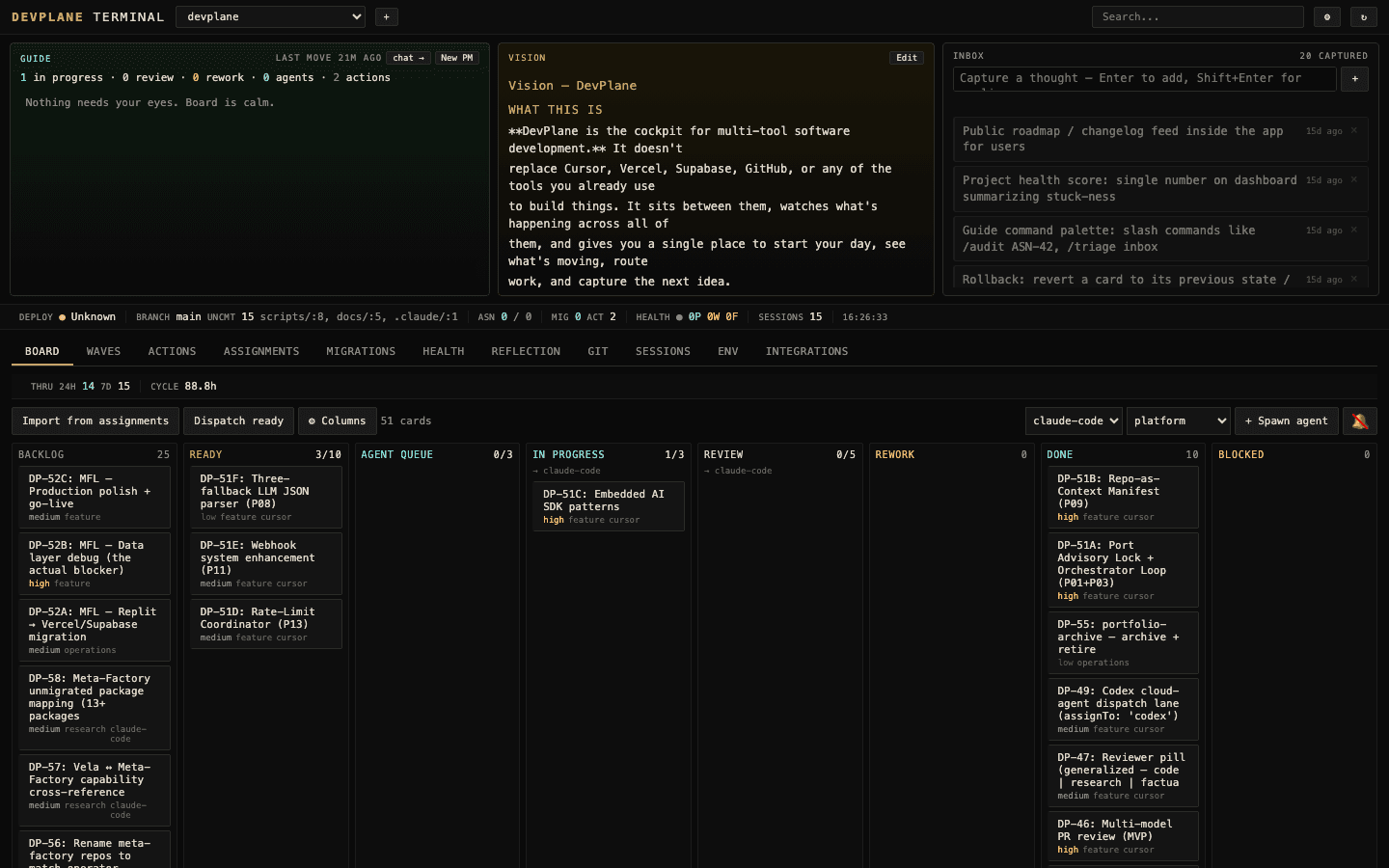 Dashboard — multi-tool kanban with two-phase actor handoff and per-card execution telemetry