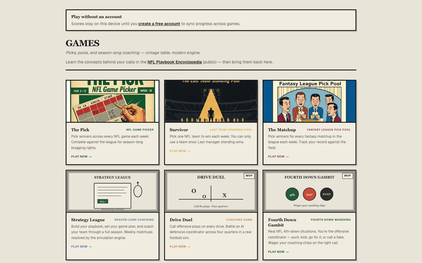 Game Center — The Pick, Survivor, and the cover-art game roster
