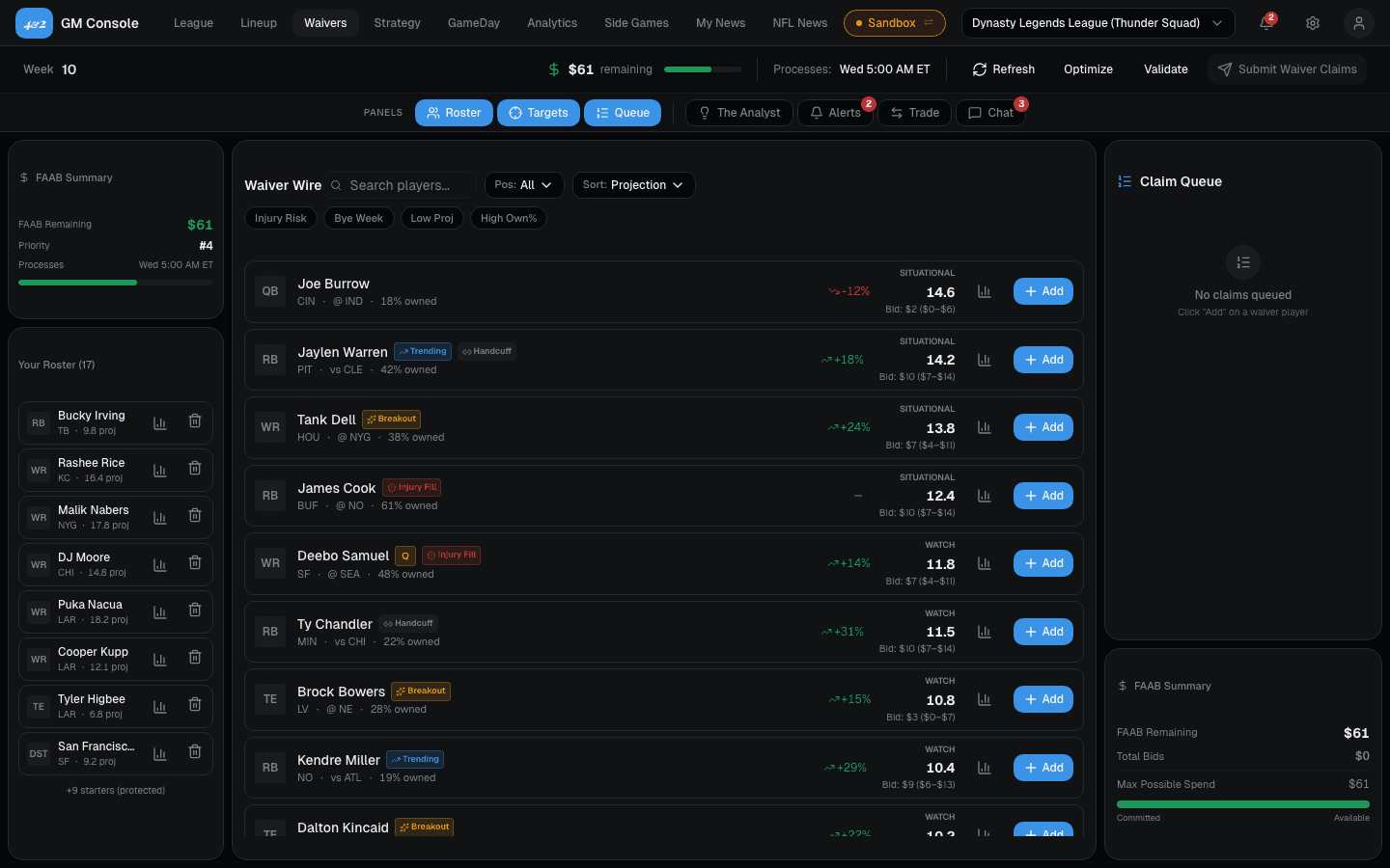 Waivers — claim queue with strategy-engine-backed recommendations