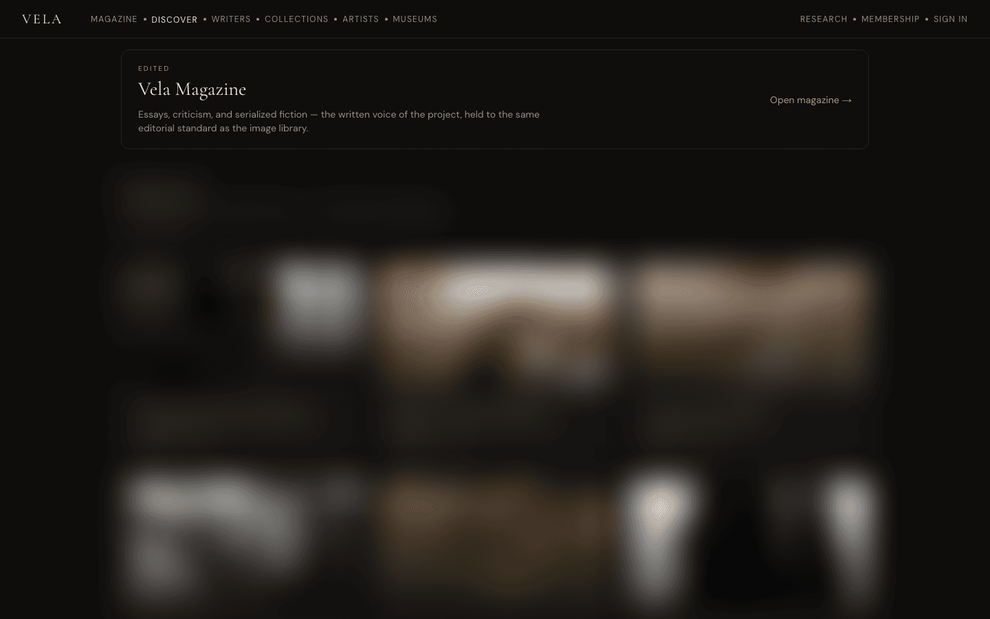 Landing — magazine + sequences (artwork tiles blurred for portfolio display)