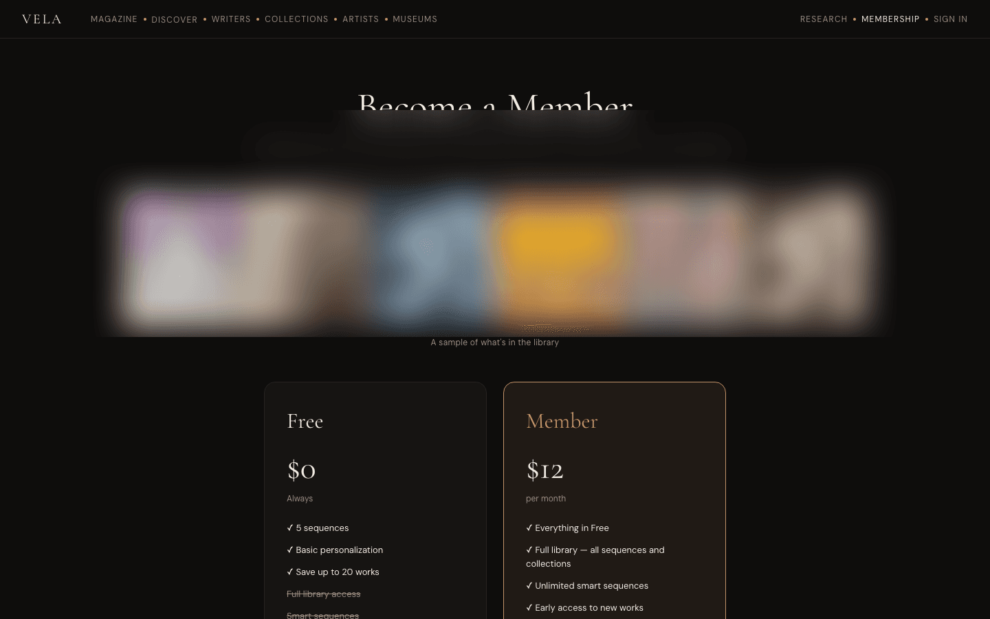 Membership — Stripe-backed Member tier (artwork tiles blurred)