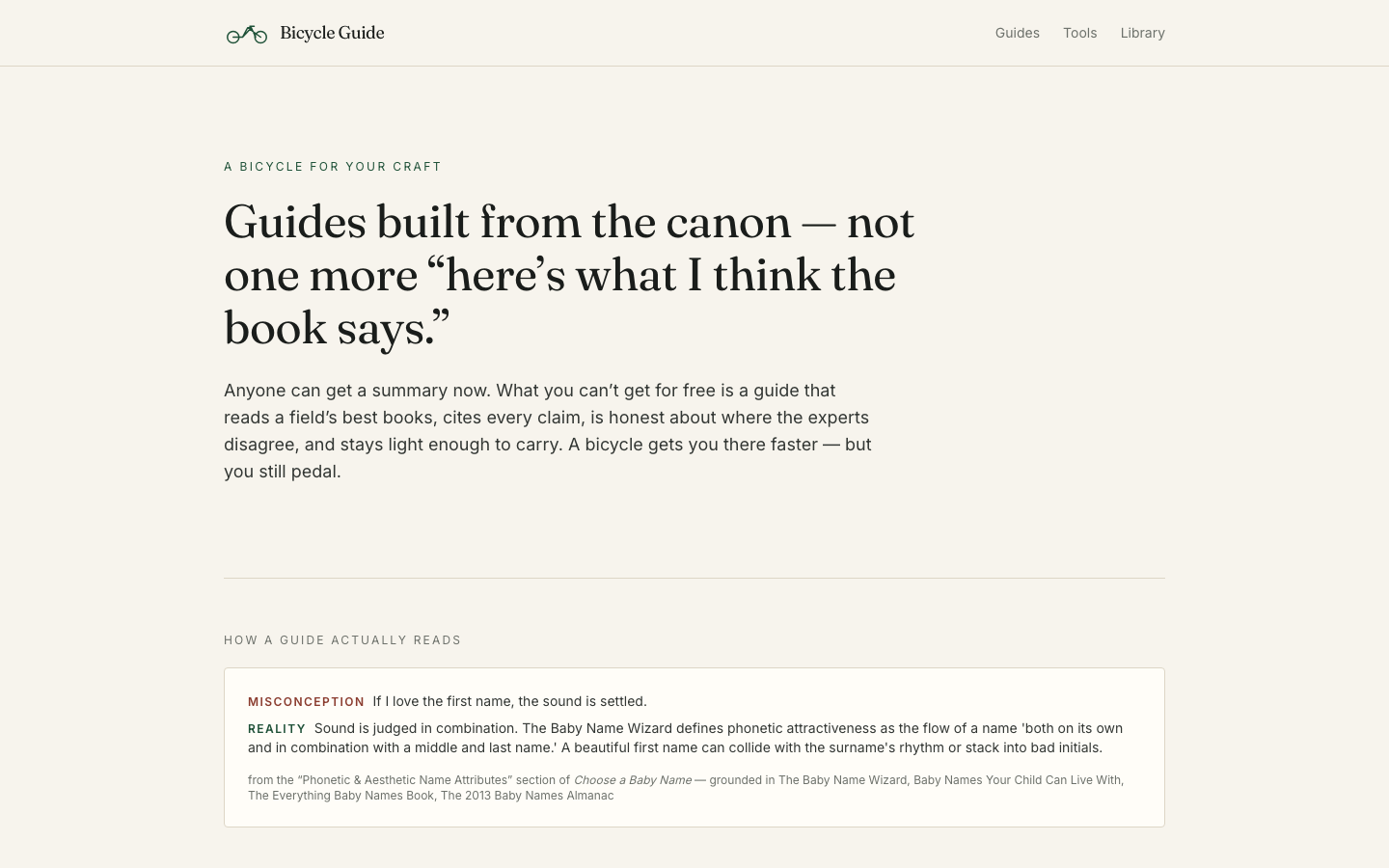 Bicycle Guide landing — grounded how-to guides built from a field's actual canon.
