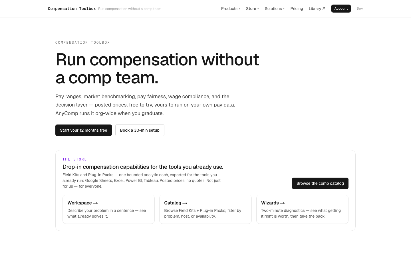 Compensation Toolbox landing — run compensation without a comp team; drop-in comp capabilities for the tools you already use.