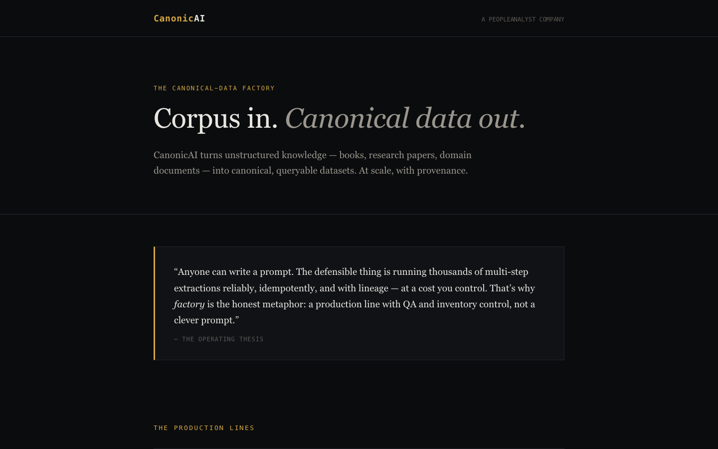 CanonicAI — corpus in, canonical data out; the public face of the engine at canonicai.com.
