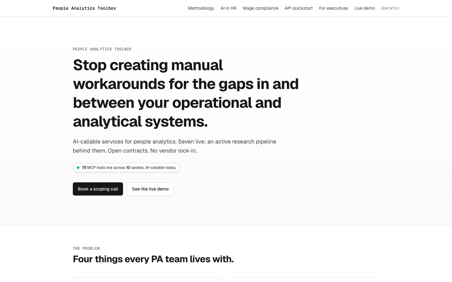 Landing — typed-contract service substrate; 79 MCP tools across 10 spokes.